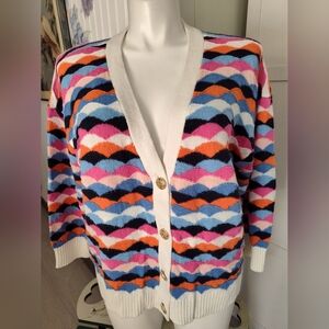 Talbots V-Neck Cardigan in Scallop Stripe 2x 20-22 Woman Fun Colorful Unique